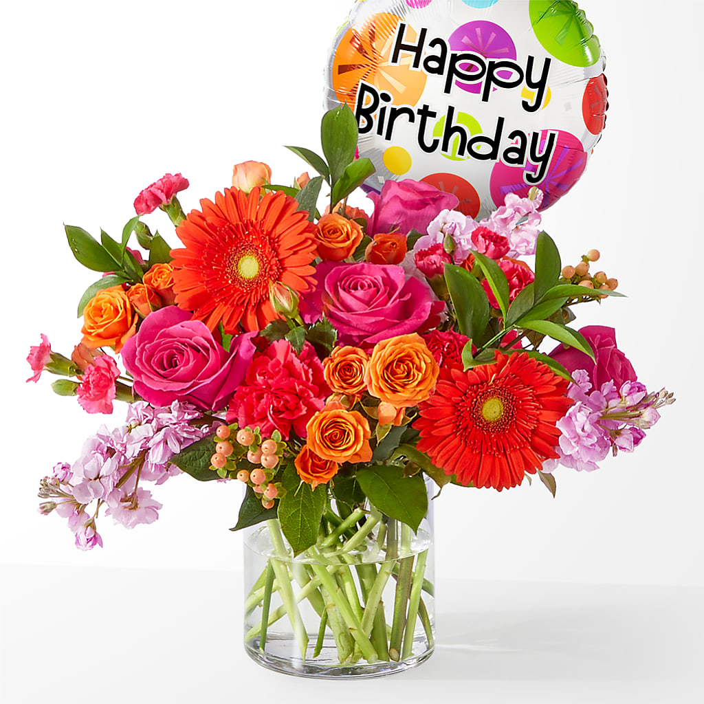 Fiesta Bouquet with Birthday Balloon – Emica Floral Designs, Saint James City FL
