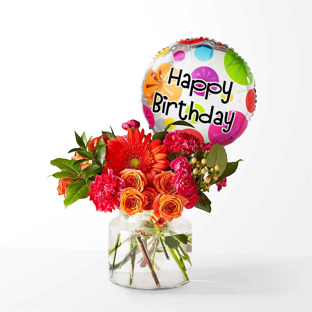 Fiesta Bouquet with Birthday Balloon – Emica Floral Designs, Saint James City FL