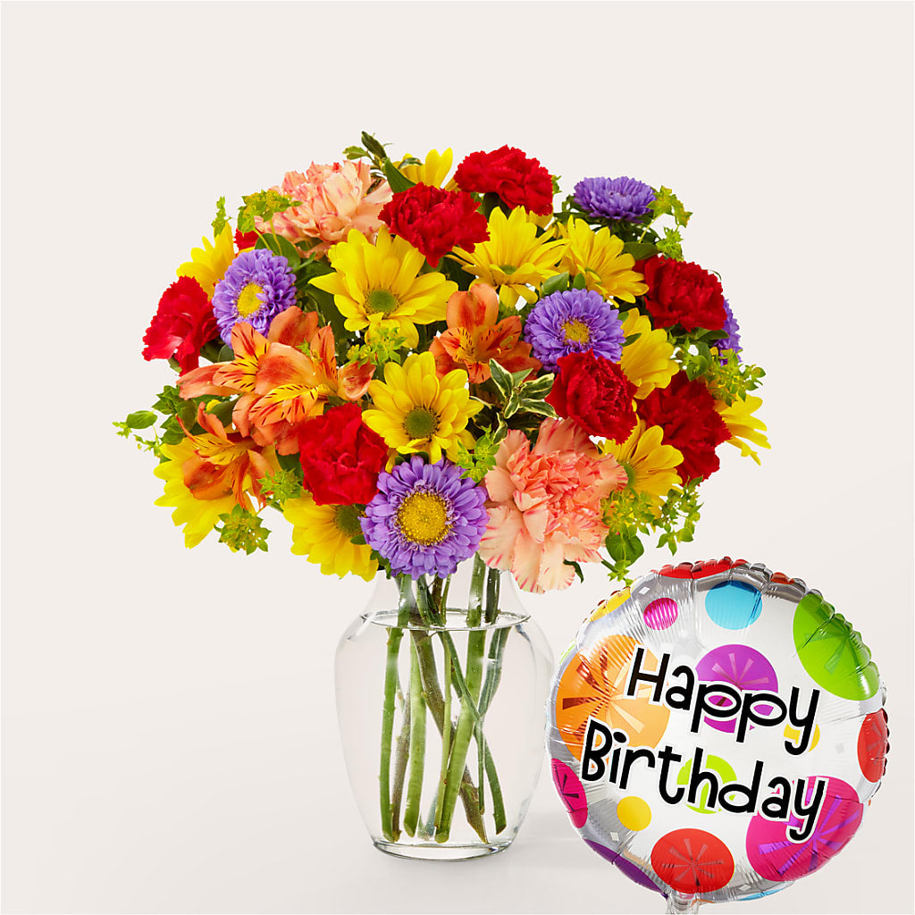 Kaleidoscope Bouquet with Birthday Balloon – Emica Floral Designs, Saint James City FL